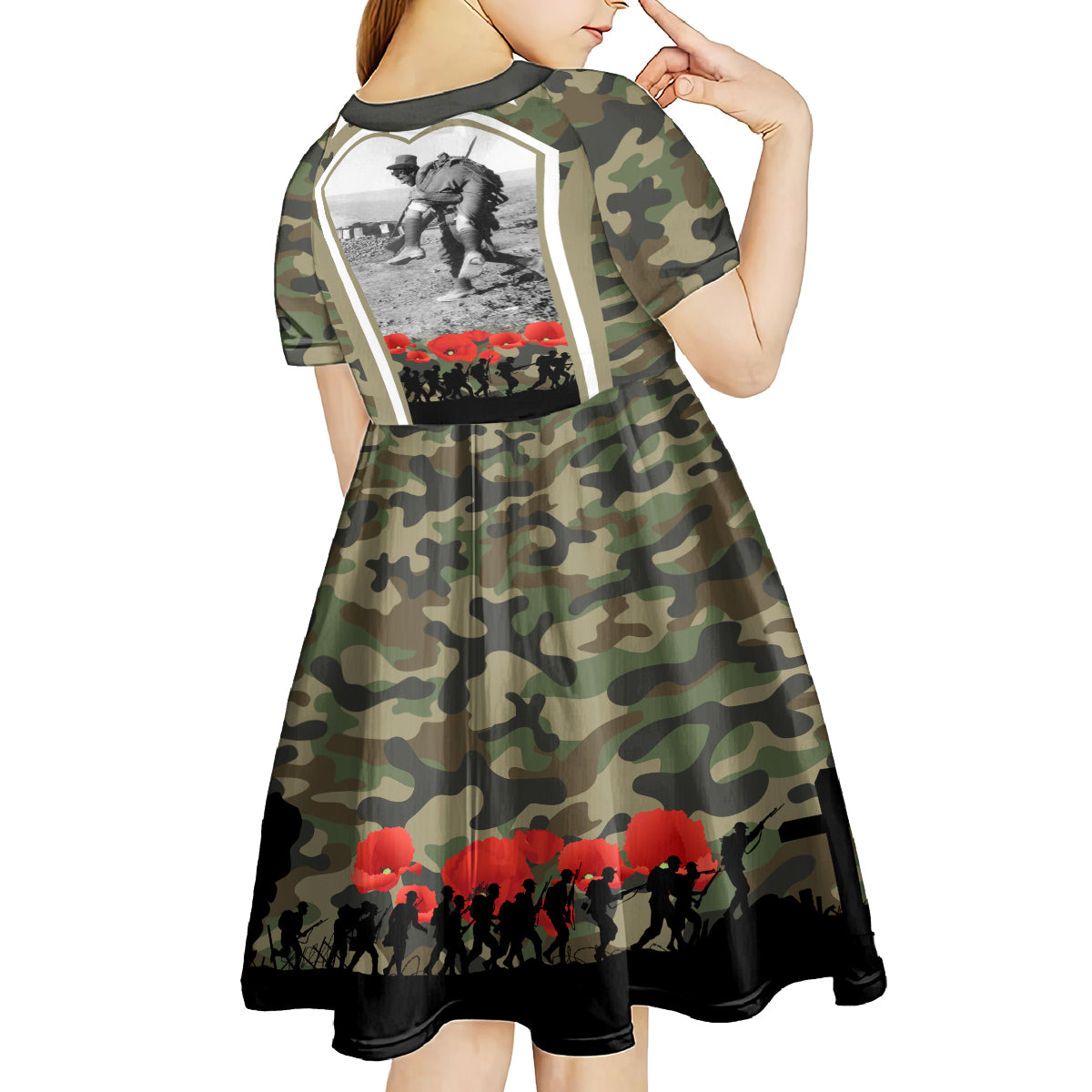 New Zealand and Australia ANZAC Day Kid Short Sleeve Dress Koala and Kiwi Bird Soldier Gallipoli Camouflage Style