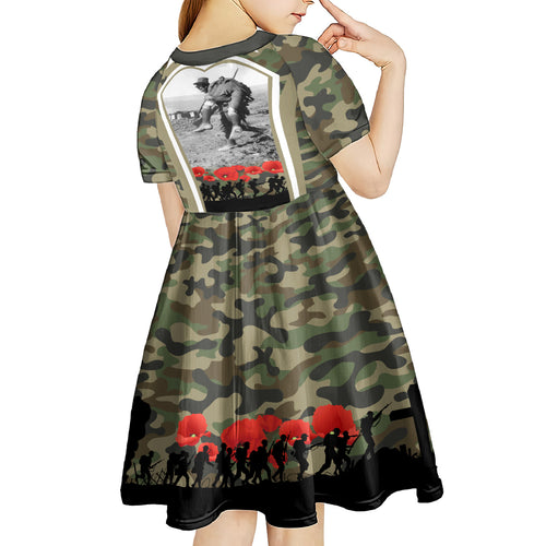 New Zealand and Australia ANZAC Day Kid Short Sleeve Dress Koala and Kiwi Bird Soldier Gallipoli Camouflage Style