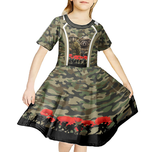 New Zealand and Australia ANZAC Day Kid Short Sleeve Dress Koala and Kiwi Bird Soldier Gallipoli Camouflage Style
