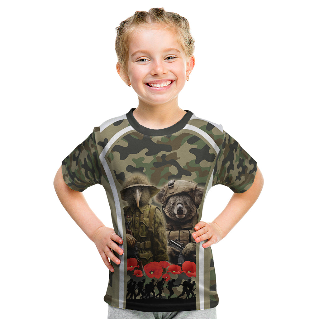 New Zealand and Australia ANZAC Day Kid T Shirt Koala and Kiwi Bird Soldier Gallipoli Camouflage Style