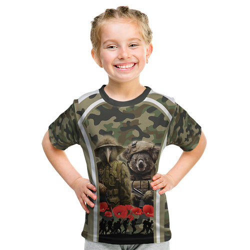 New Zealand and Australia ANZAC Day Kid T Shirt Koala and Kiwi Bird Soldier Gallipoli Camouflage Style