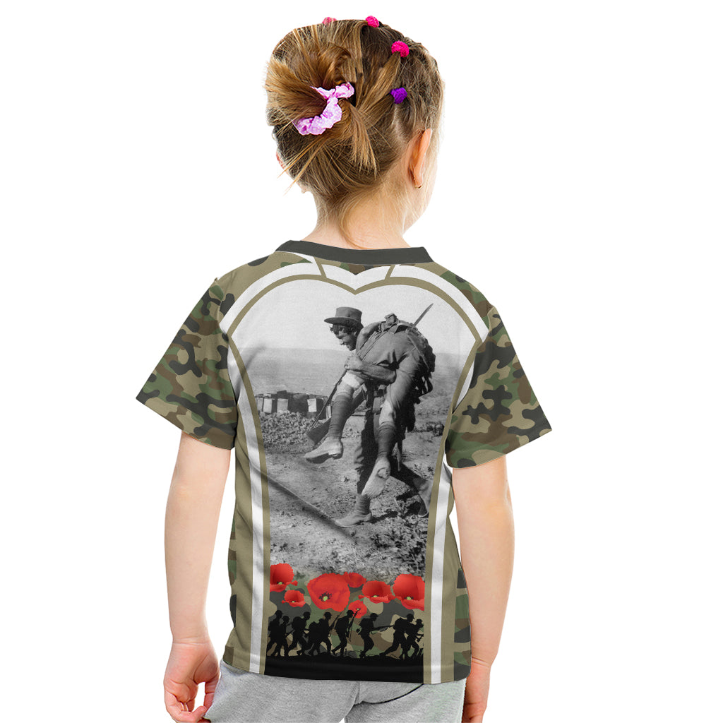 New Zealand and Australia ANZAC Day Kid T Shirt Koala and Kiwi Bird Soldier Gallipoli Camouflage Style