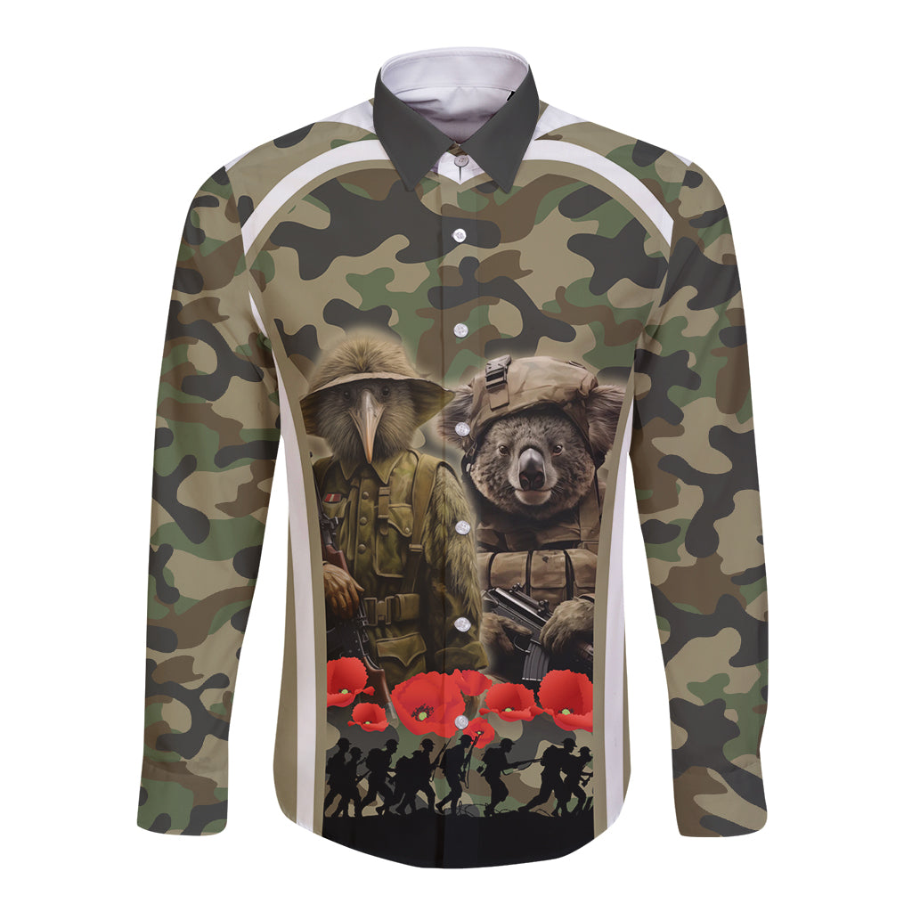 New Zealand and Australia ANZAC Day Long Sleeve Button Shirt Koala and Kiwi Bird Soldier Gallipoli Camouflage Style