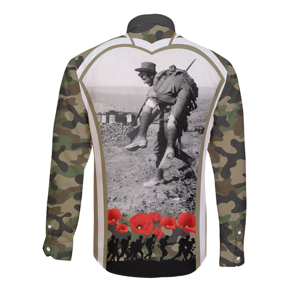 New Zealand and Australia ANZAC Day Long Sleeve Button Shirt Koala and Kiwi Bird Soldier Gallipoli Camouflage Style