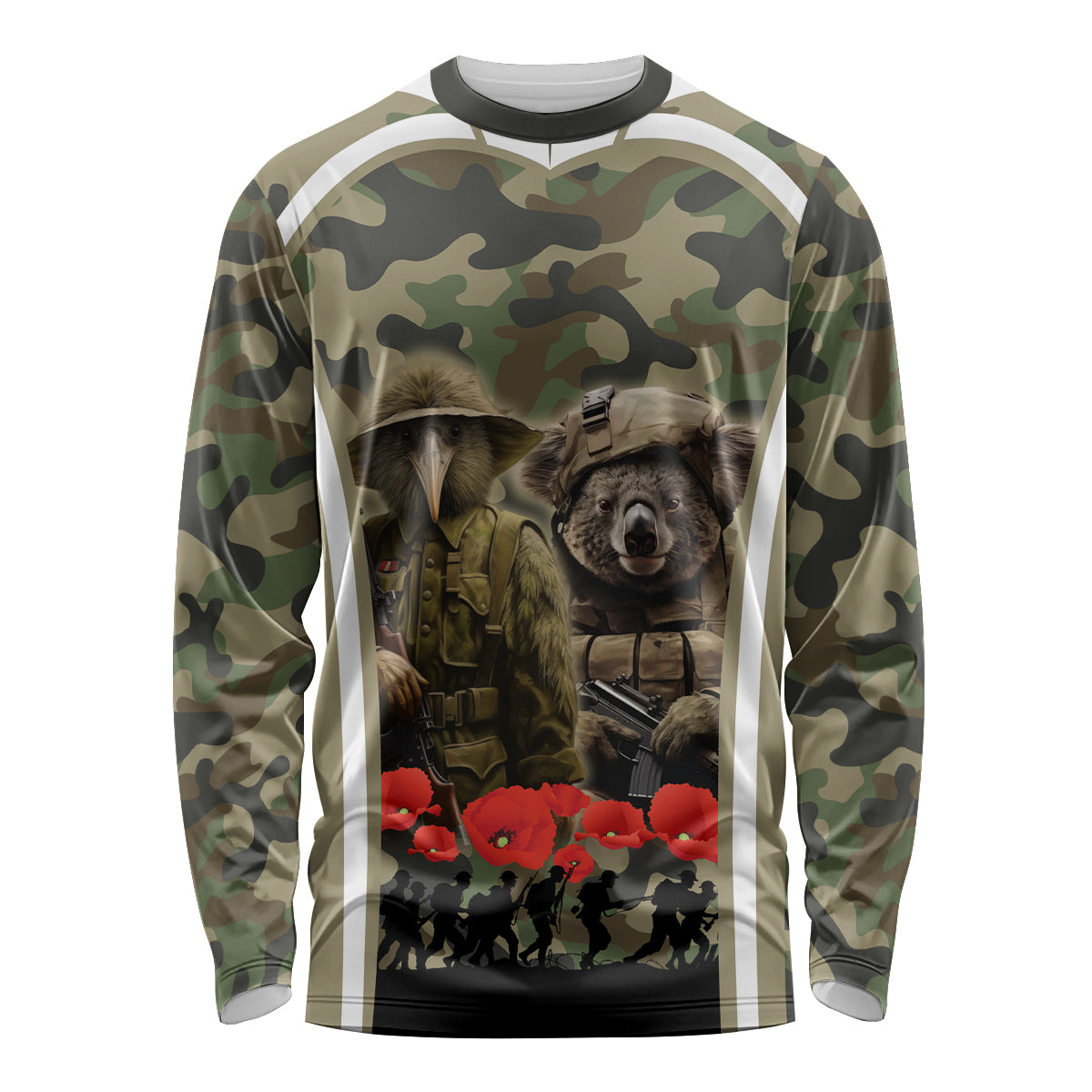New Zealand and Australia ANZAC Day Long Sleeve Shirt Koala and Kiwi Bird Soldier Gallipoli Camouflage Style