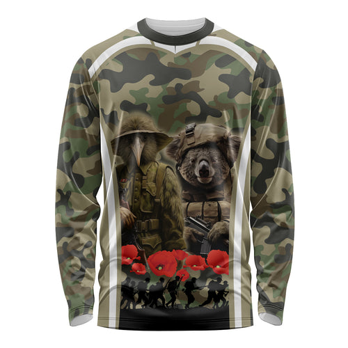 New Zealand and Australia ANZAC Day Long Sleeve Shirt Koala and Kiwi Bird Soldier Gallipoli Camouflage Style