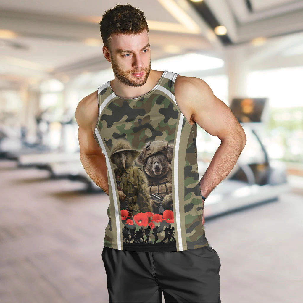 New Zealand and Australia ANZAC Day Men Tank Top Koala and Kiwi Bird Soldier Gallipoli Camouflage Style