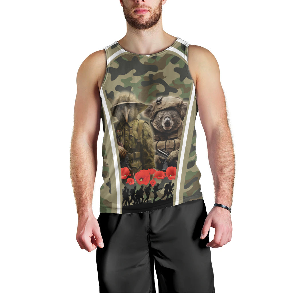 New Zealand and Australia ANZAC Day Men Tank Top Koala and Kiwi Bird Soldier Gallipoli Camouflage Style