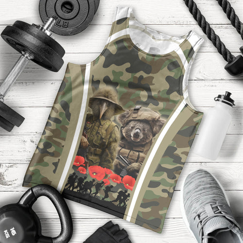New Zealand and Australia ANZAC Day Men Tank Top Koala and Kiwi Bird Soldier Gallipoli Camouflage Style