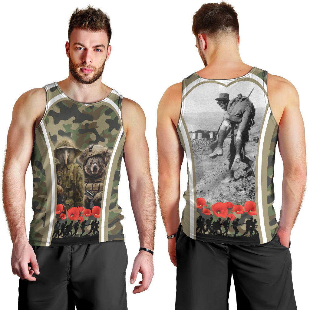 New Zealand and Australia ANZAC Day Men Tank Top Koala and Kiwi Bird Soldier Gallipoli Camouflage Style