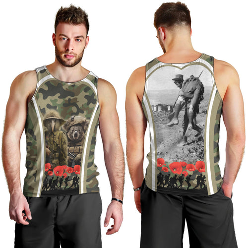 New Zealand and Australia ANZAC Day Men Tank Top Koala and Kiwi Bird Soldier Gallipoli Camouflage Style