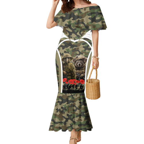 New Zealand and Australia ANZAC Day Mermaid Dress Koala and Kiwi Bird Soldier Gallipoli Camouflage Style