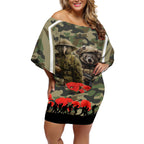 New Zealand and Australia ANZAC Day Off Shoulder Short Dress Koala and Kiwi Bird Soldier Gallipoli Camouflage Style