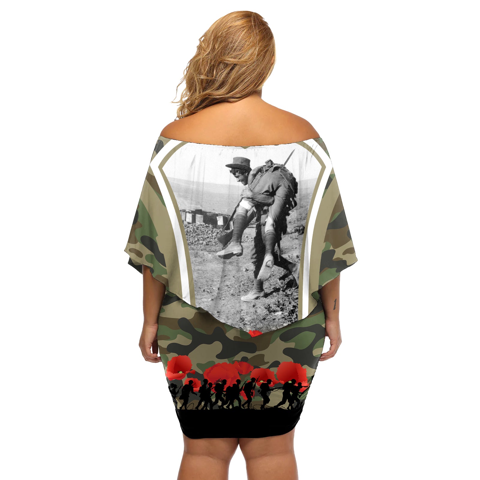 New Zealand and Australia ANZAC Day Off Shoulder Short Dress Koala and Kiwi Bird Soldier Gallipoli Camouflage Style