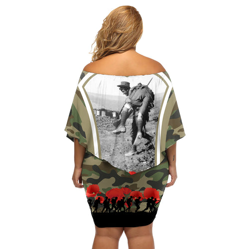 New Zealand and Australia ANZAC Day Off Shoulder Short Dress Koala and Kiwi Bird Soldier Gallipoli Camouflage Style