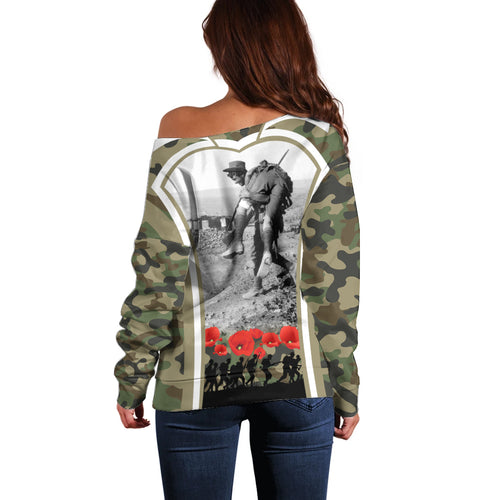 New Zealand and Australia ANZAC Day Off Shoulder Sweater Koala and Kiwi Bird Soldier Gallipoli Camouflage Style