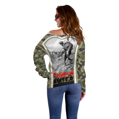 New Zealand and Australia ANZAC Day Off Shoulder Sweater Koala and Kiwi Bird Soldier Gallipoli Camouflage Style