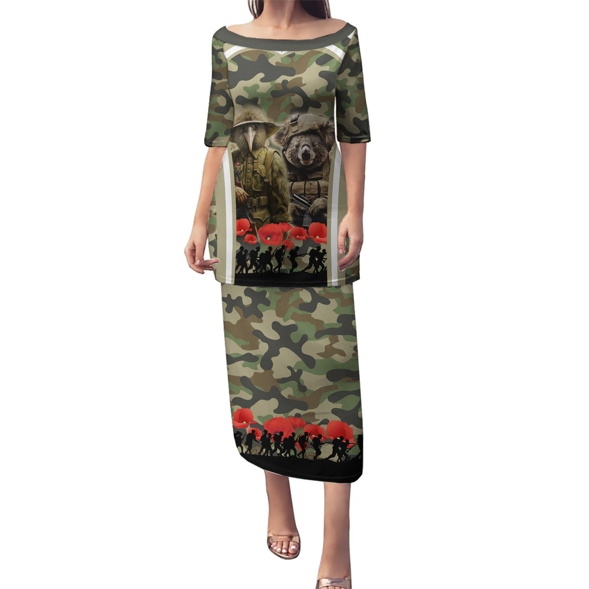 New Zealand and Australia ANZAC Day Puletasi Koala and Kiwi Bird Soldier Gallipoli Camouflage Style