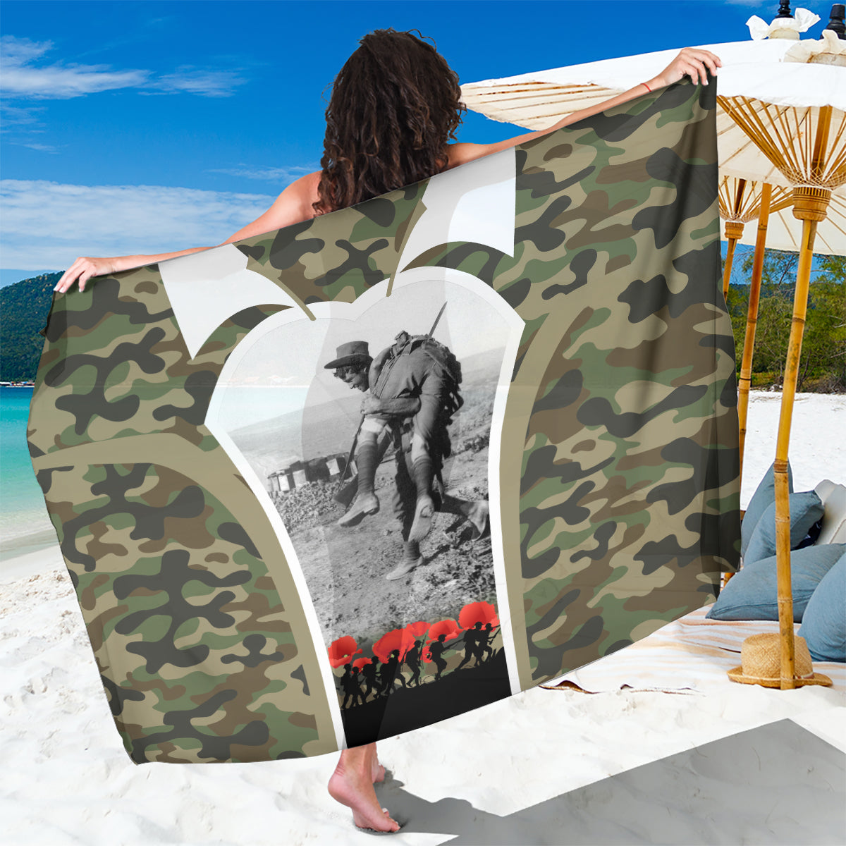 New Zealand and Australia ANZAC Day Sarong Koala and Kiwi Bird Soldier Gallipoli Camouflage Style