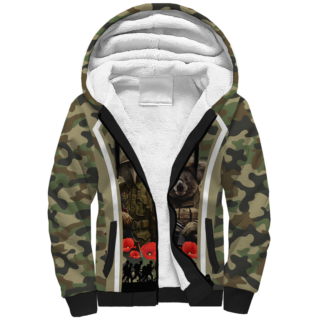 New Zealand and Australia ANZAC Day Sherpa Hoodie Koala and Kiwi Bird Soldier Gallipoli Camouflage Style