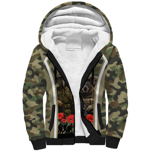 New Zealand and Australia ANZAC Day Sherpa Hoodie Koala and Kiwi Bird Soldier Gallipoli Camouflage Style