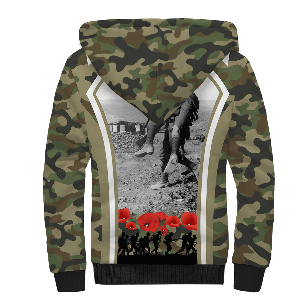 New Zealand and Australia ANZAC Day Sherpa Hoodie Koala and Kiwi Bird Soldier Gallipoli Camouflage Style