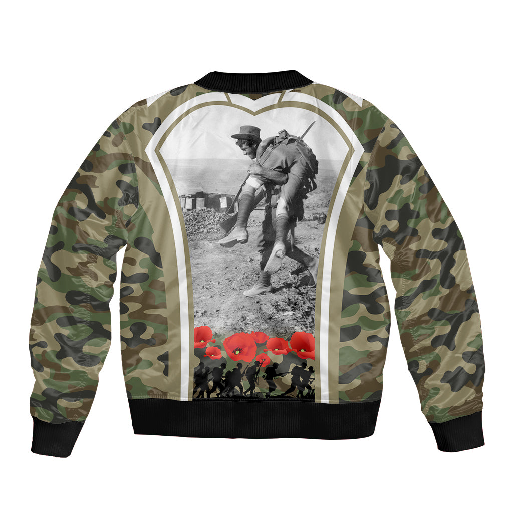 New Zealand and Australia ANZAC Day Sleeve Zip Bomber Jacket Koala and Kiwi Bird Soldier Gallipoli Camouflage Style