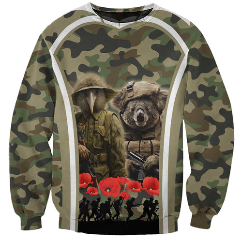 New Zealand and Australia ANZAC Day Sweatshirt Koala and Kiwi Bird Soldier Gallipoli Camouflage Style