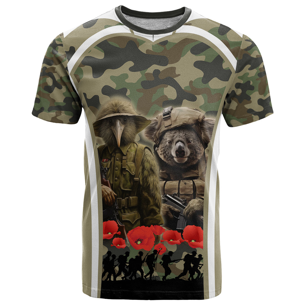 New Zealand and Australia ANZAC Day T Shirt Koala and Kiwi Bird Soldier Gallipoli Camouflage Style