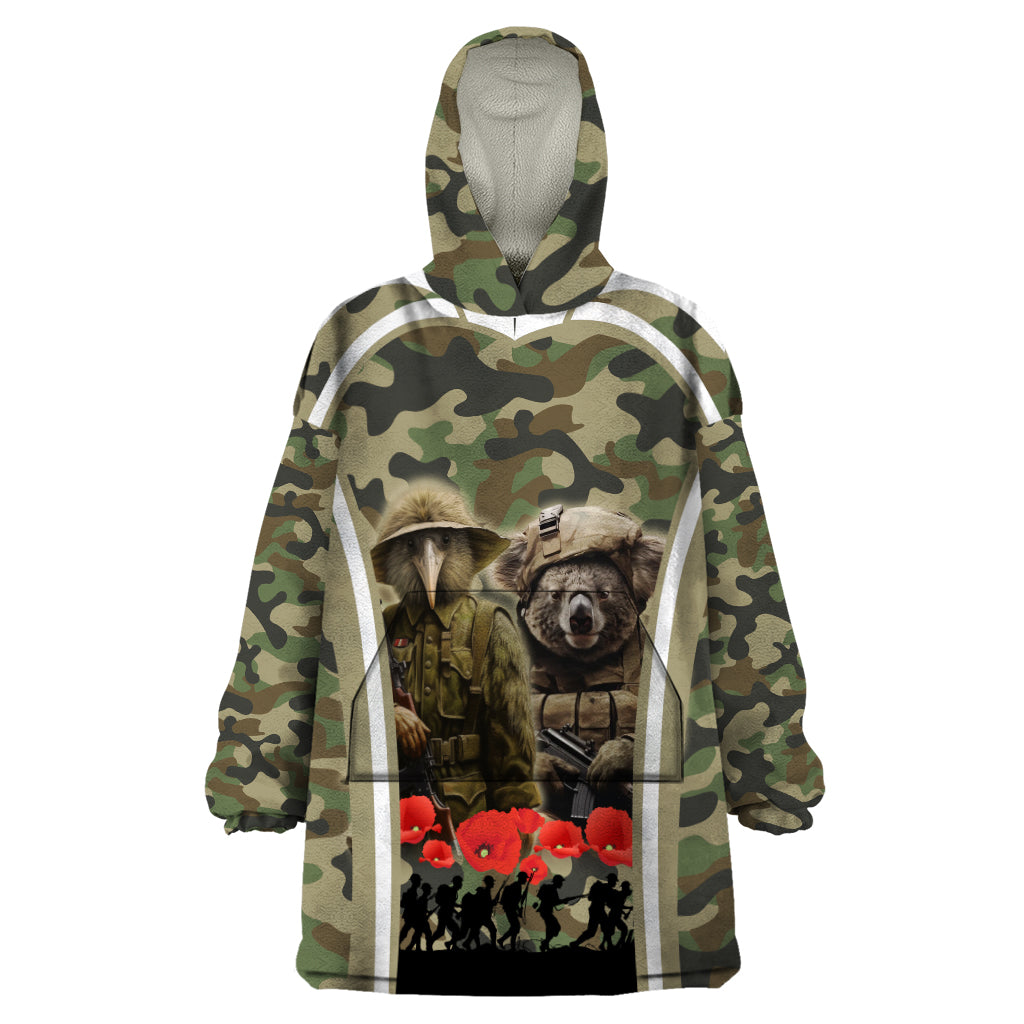 New Zealand and Australia ANZAC Day Wearable Blanket Hoodie Koala and Kiwi Bird Soldier Gallipoli Camouflage Style