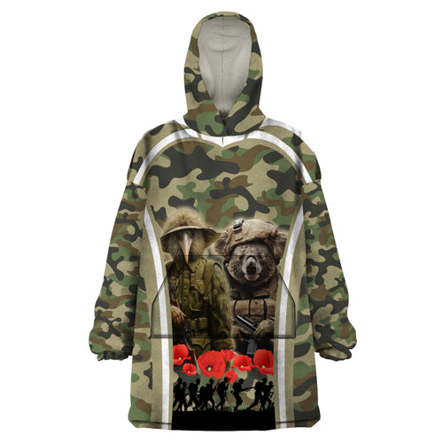 New Zealand and Australia ANZAC Day Wearable Blanket Hoodie Koala and Kiwi Bird Soldier Gallipoli Camouflage Style