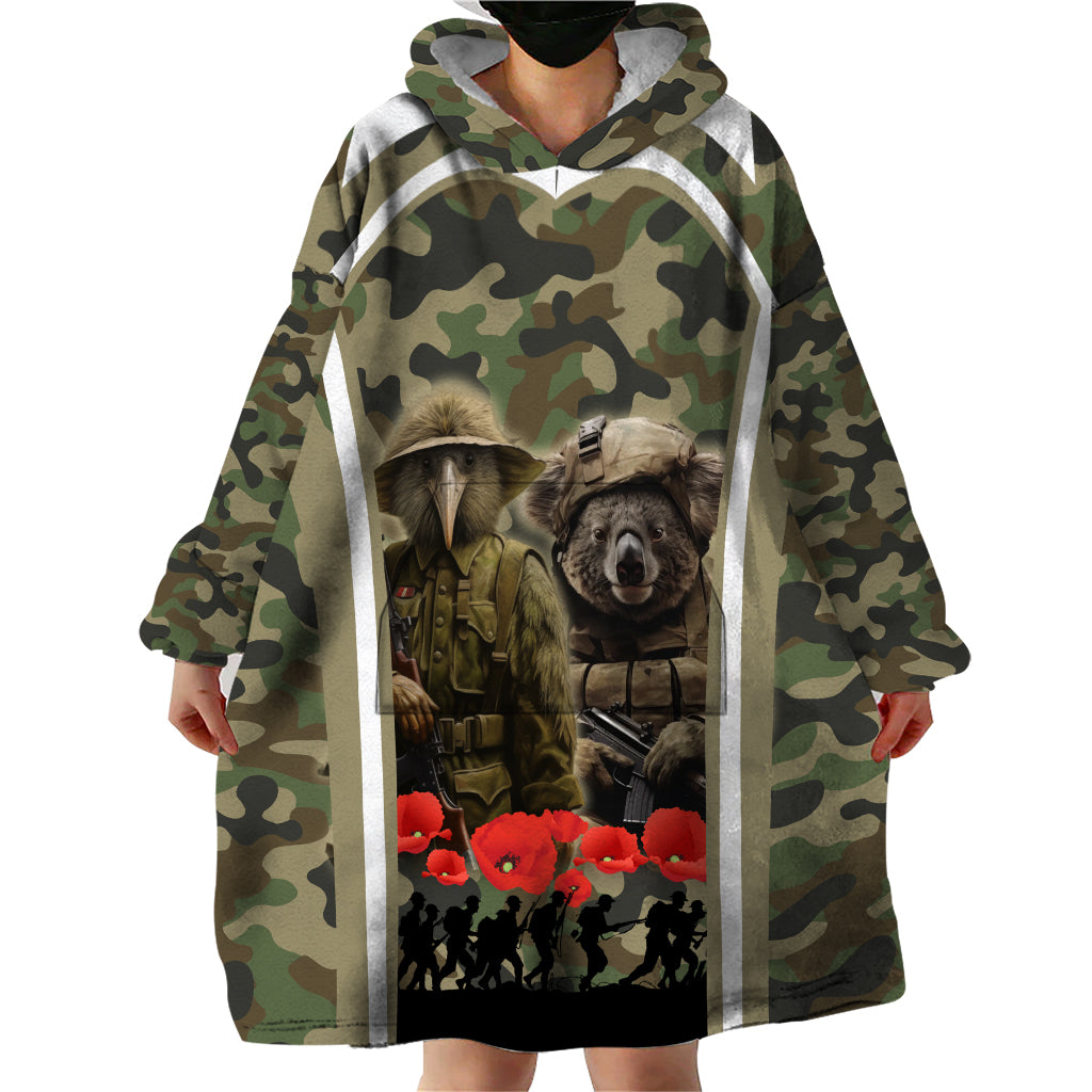 New Zealand and Australia ANZAC Day Wearable Blanket Hoodie Koala and Kiwi Bird Soldier Gallipoli Camouflage Style