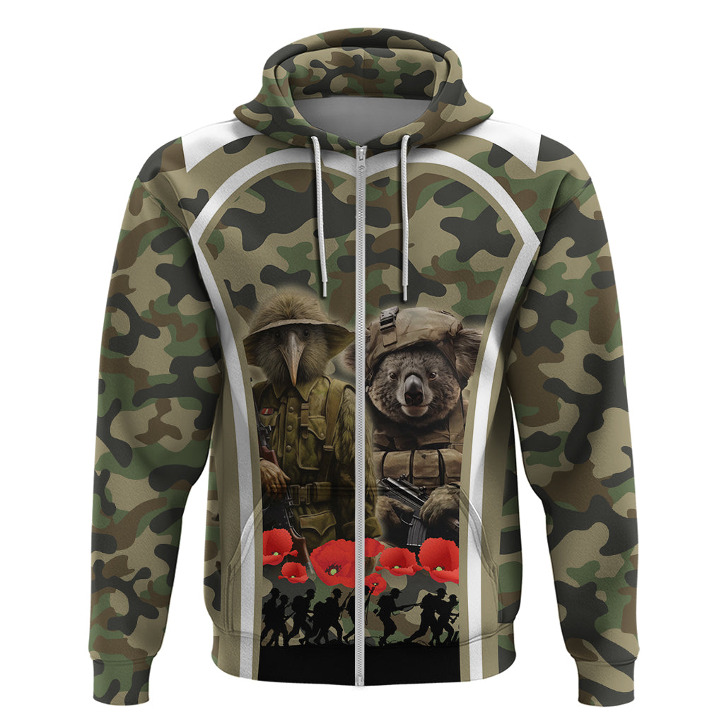 New Zealand and Australia ANZAC Day Zip Hoodie Koala and Kiwi Bird Soldier Gallipoli Camouflage Style
