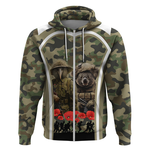 New Zealand and Australia ANZAC Day Zip Hoodie Koala and Kiwi Bird Soldier Gallipoli Camouflage Style