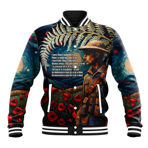 New Zealand Soldier ANZAC Day Baseball Jacket Silver Fern Starry Night Style
