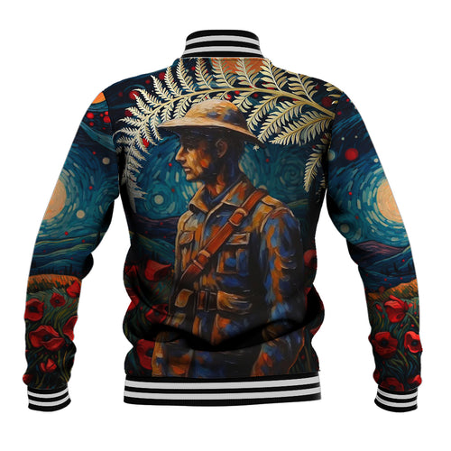 New Zealand Soldier ANZAC Day Baseball Jacket Silver Fern Starry Night Style