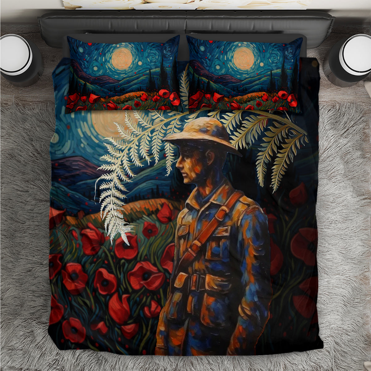 New Zealand Soldier ANZAC Day Bedding Set Silver Fern Starry Night Style