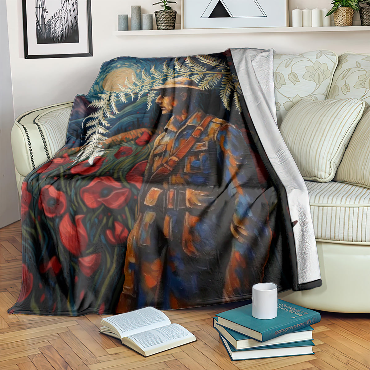 New Zealand Soldier ANZAC Day Blanket Silver Fern Starry Night Style