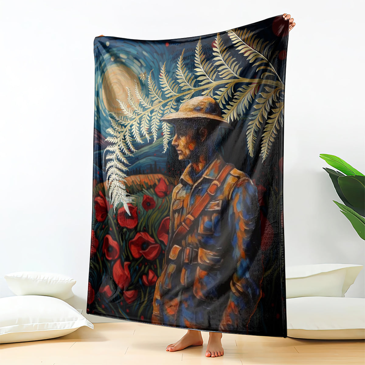 New Zealand Soldier ANZAC Day Blanket Silver Fern Starry Night Style