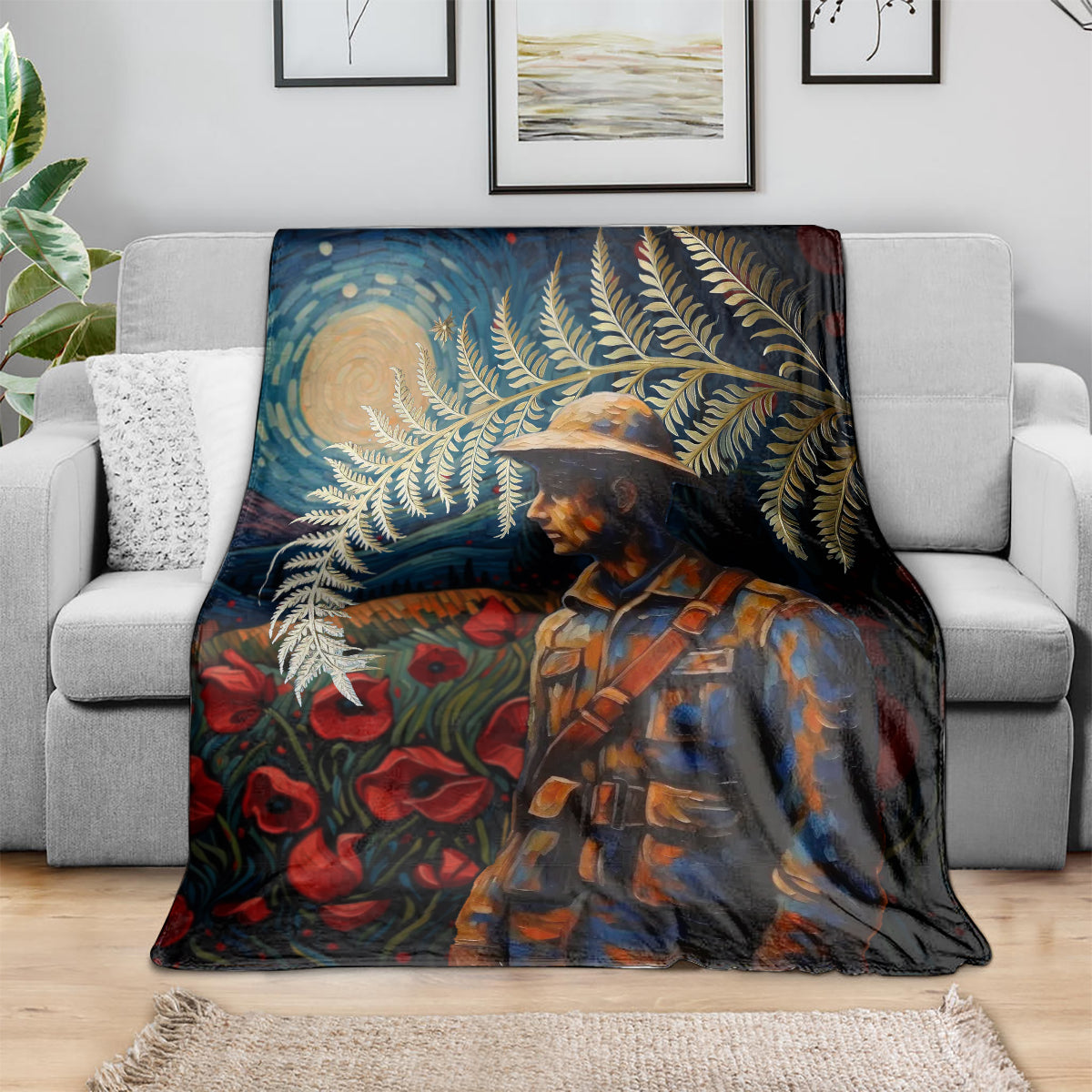New Zealand Soldier ANZAC Day Blanket Silver Fern Starry Night Style