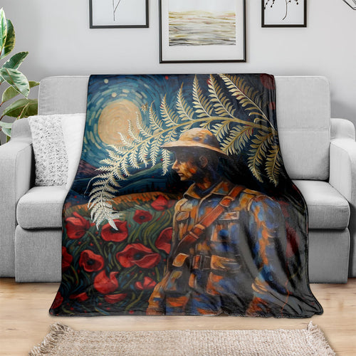 New Zealand Soldier ANZAC Day Blanket Silver Fern Starry Night Style