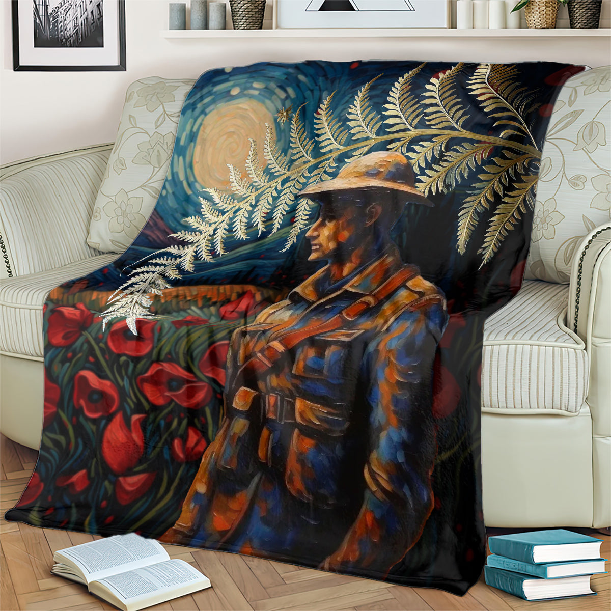 New Zealand Soldier ANZAC Day Blanket Silver Fern Starry Night Style