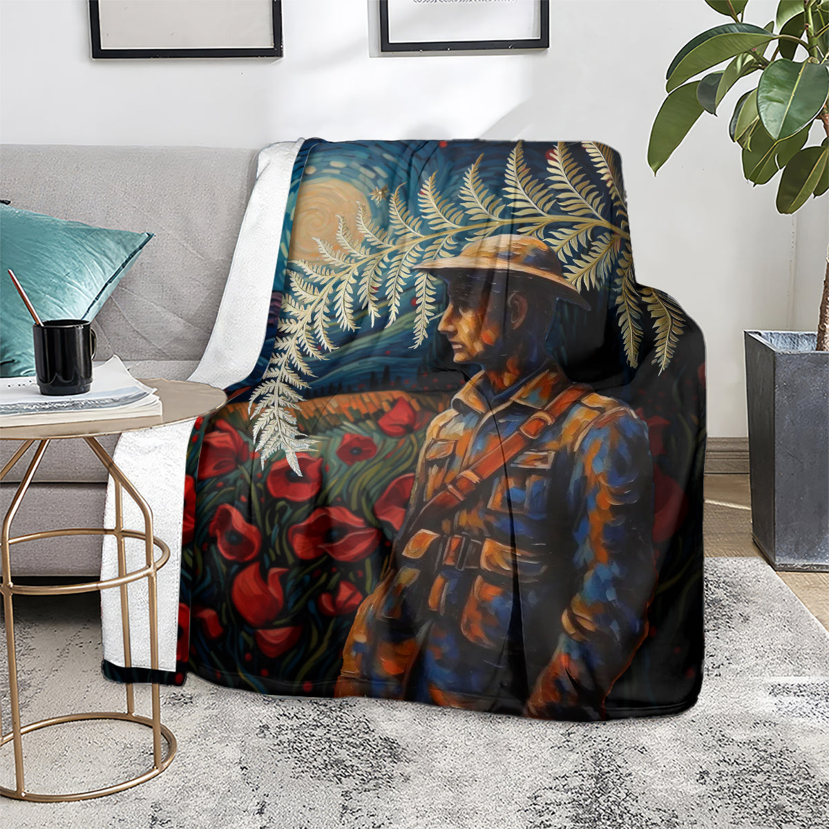New Zealand Soldier ANZAC Day Blanket Silver Fern Starry Night Style