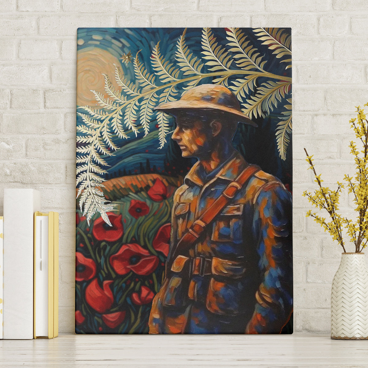 New Zealand Soldier ANZAC Day Canvas Wall Art Silver Fern Starry Night Style