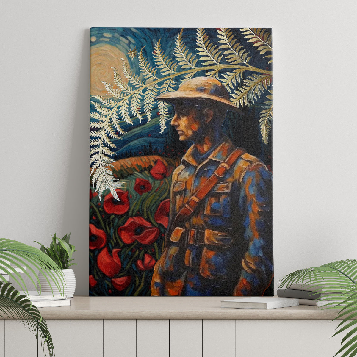 New Zealand Soldier ANZAC Day Canvas Wall Art Silver Fern Starry Night Style
