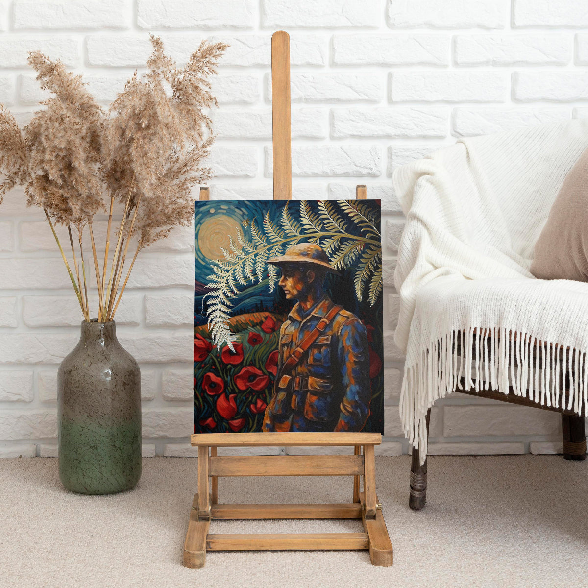 New Zealand Soldier ANZAC Day Canvas Wall Art Silver Fern Starry Night Style