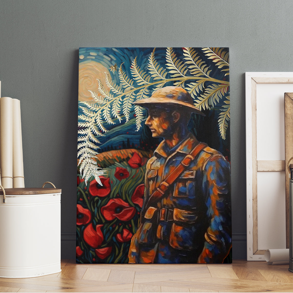New Zealand Soldier ANZAC Day Canvas Wall Art Silver Fern Starry Night Style