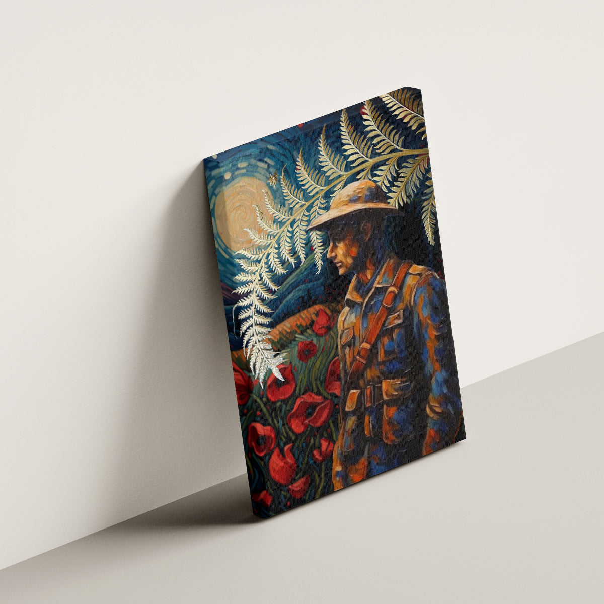 New Zealand Soldier ANZAC Day Canvas Wall Art Silver Fern Starry Night Style