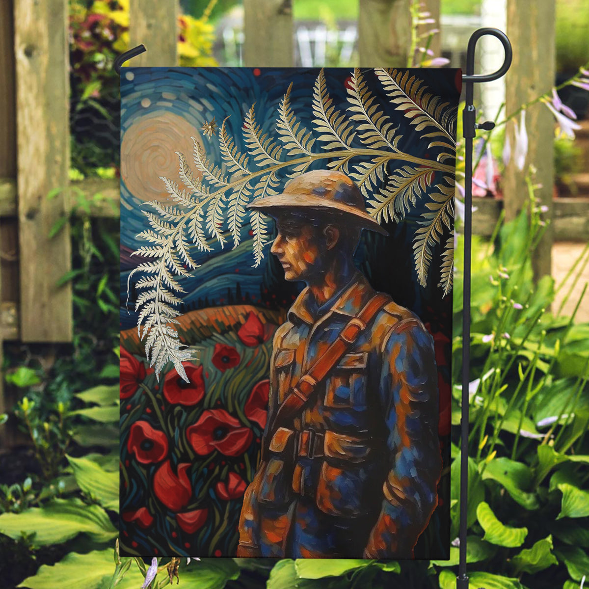 New Zealand Soldier ANZAC Day Garden Flag Silver Fern Starry Night Style