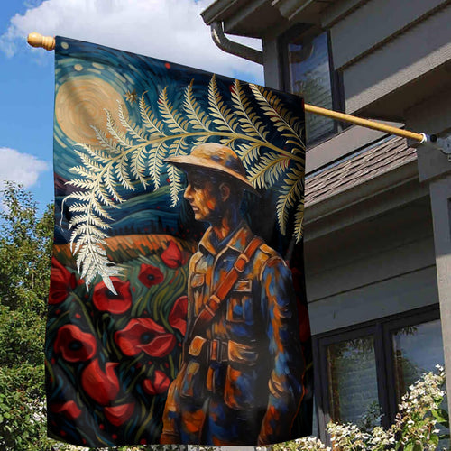 New Zealand Soldier ANZAC Day Garden Flag Silver Fern Starry Night Style